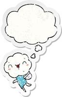 cute cartoon cloud head creature and thought bubble as a distressed worn sticker vector