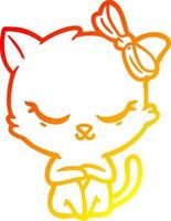 warm gradient line drawing cute cartoon cat with bow vector
