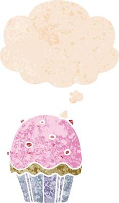 cartoon cupcake and thought bubble in retro textured style