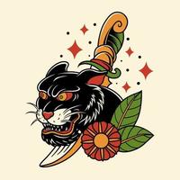 Black tiger in traditional tattoo vector