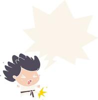 cute cartoon kicking karate champion and speech bubble in retro style vector