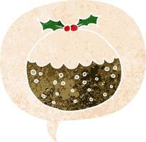 cartoon christmas pudding and speech bubble in retro textured style vector