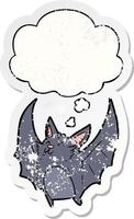 cartoon halloween bat and thought bubble as a distressed worn sticker vector