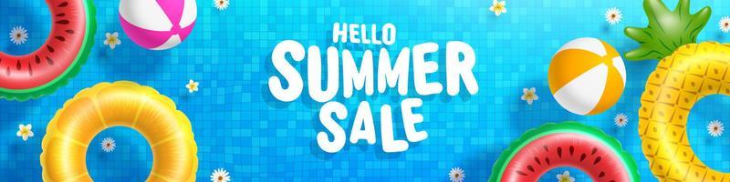 Summer Sale poster and banner template with Colorful Float on water in the tiled pool Background. Sale banner Design for Summer in flat lay styling. Promotion and shopping template for Summer and pool