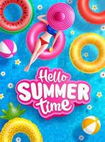 Summer Sale poster and banner template with Women on round pool floats in the tiled pool Background. Sale banner Design for Summer in flat lay styling. Promotion and shopping template for Summer vector