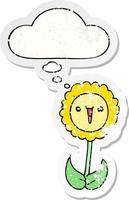 cartoon flower and thought bubble as a distressed worn sticker vector