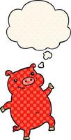 cartoon dancing pig and thought bubble in comic book style vector