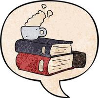 libros de dibujos animados y taza de café y burbuja de habla en estilo de textura retro vector