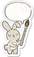 cartoon rabbit and paint brush and speech bubble distressed sticker vector