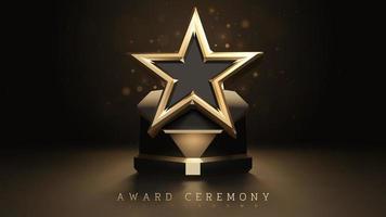 Fondo de ceremonia de premiación con elemento de estrella dorada 3d y decoración de efecto de luz brillante y bokeh. vector