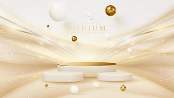 Product display podium with golden curve line element and ball decoration and glitter light effect. vector