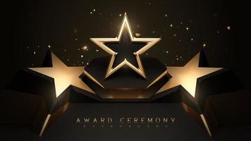 Award ceremony background with podium and 3d gold star element and glitter light effect decoration. vector