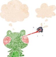 cartoon frog catching fly and thought bubble in retro textured style vector