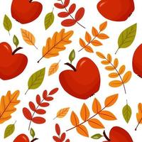 Cartoon seamless autumn pattern with leaves and apples. Beautiful texture for textile, paper print, scrapbooking or wallpaper. Vector illustration.