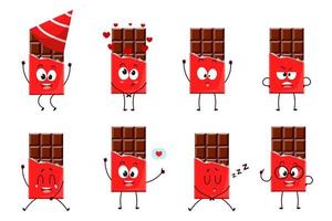 A set of cartoon candies with different emotions. Chocolate sleeping, laughter, likes, jumps, angry. Vector symbol highlighted on a white background for a mascot, books, postcards and much more.