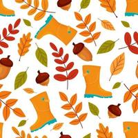 Cartoon autumn seamless pattern with leaves, boots and acorns. Vector illustration for wrapping paper, cards, background and different fall design.