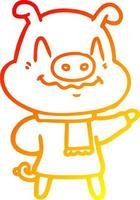 warm gradient line drawing nervous cartoon pig wearing scarf vector