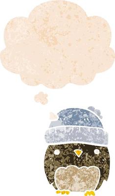 cute cartoon owl in hat and thought bubble in retro textured style