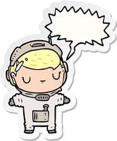 lindo astronauta de dibujos animados y etiqueta engomada de la burbuja del discurso vector