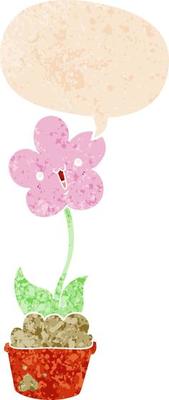 cute cartoon flower and speech bubble in retro textured style