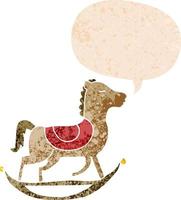 cartoon rocking horse and speech bubble in retro textured style vector