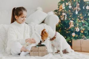 Horizontal shot of adorable small girl with pony tail, dressed in white winter sweater, sits crossed legs on floor, unpacks Christmas gift, beautiful decorated New Year tree near. Holiday traditions photo