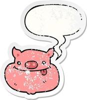 cartoon happy pig face and speech bubble distressed sticker vector