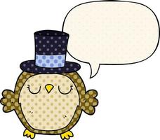 cartoon owl wearing top hat and speech bubble in comic book style vector