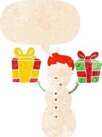 cartoon snowman with present and speech bubble in retro textured style vector