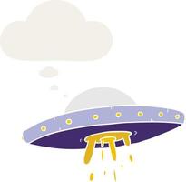 cartoon flying UFO and thought bubble in retro style vector