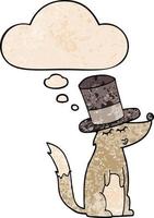 cartoon wolf whistling wearing top hat and thought bubble in grunge texture pattern style vector