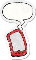 cartoon mobile phone and speech bubble distressed sticker vector