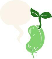 cartoon sprouting bean and speech bubble in retro style vector