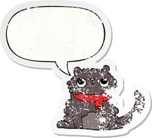 cartoon cat and speech bubble distressed sticker vector