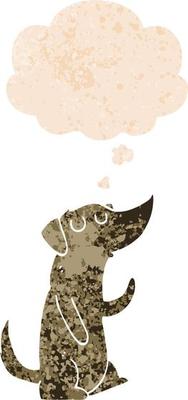 cartoon dog and thought bubble in retro textured style