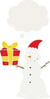 cartoon snowman with present and thought bubble in retro style vector