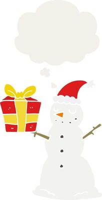 cartoon snowman with present and thought bubble in retro style