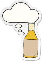 botella de cerveza de dibujos animados y burbuja de pensamiento como pegatina impresa vector