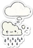 cartoon storm cloud and thought bubble as a distressed worn sticker vector