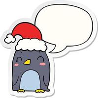 lindo pingüino navideño y etiqueta engomada de la burbuja del discurso vector