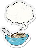 cartoon cereal bowl and thought bubble as a distressed worn sticker vector