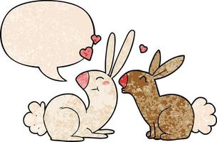 cartoon rabbits in love and speech bubble in retro texture style vector