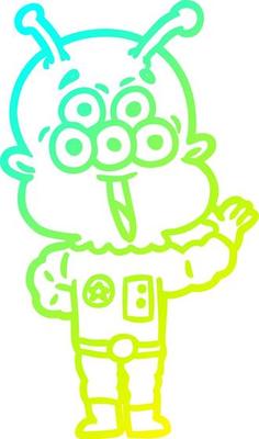 cold gradient line drawing happy cartoon alien waving