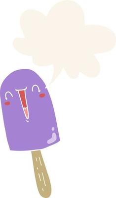 cartoon happy ice lolly and speech bubble in retro style