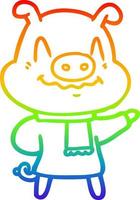 rainbow gradient line drawing nervous cartoon pig wearing scarf vector