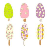 Retro collection six textured popsicle ice creams in 1960s style. vector