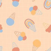 Checkered seamless pattern with rainbow ice cream in 1960 style. vector