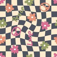 Trippy grid seamless pattern with symbol of peace and flowers. vector