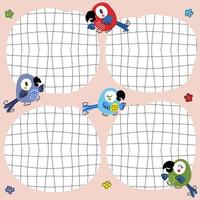 Doodle template notes list with distorted grid and macaw parrots. vector