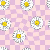 Trippy grid seamless pattern with daisy flowers in 1960 style. vector